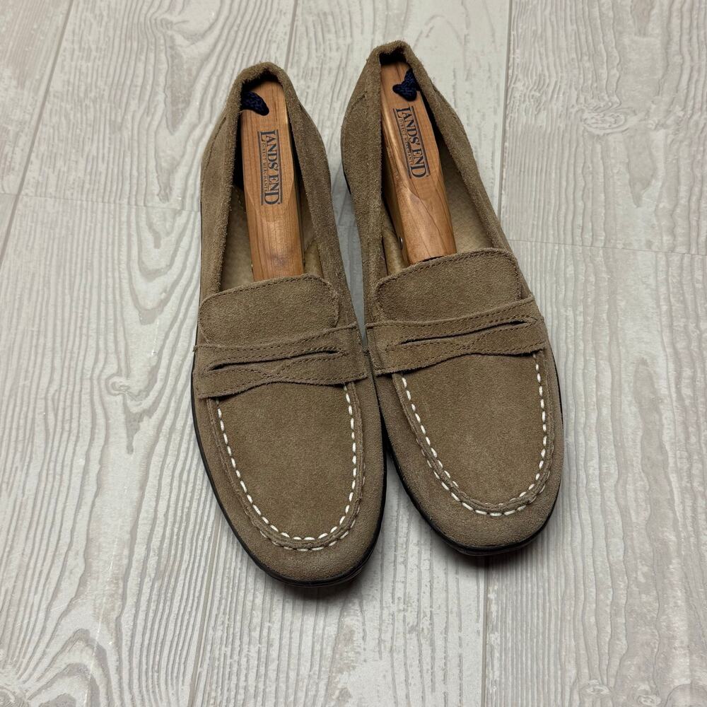 Lands’ End Women’s 7.5 B Brown Suede Penny Loafers Moc Toe Comfort Shoes